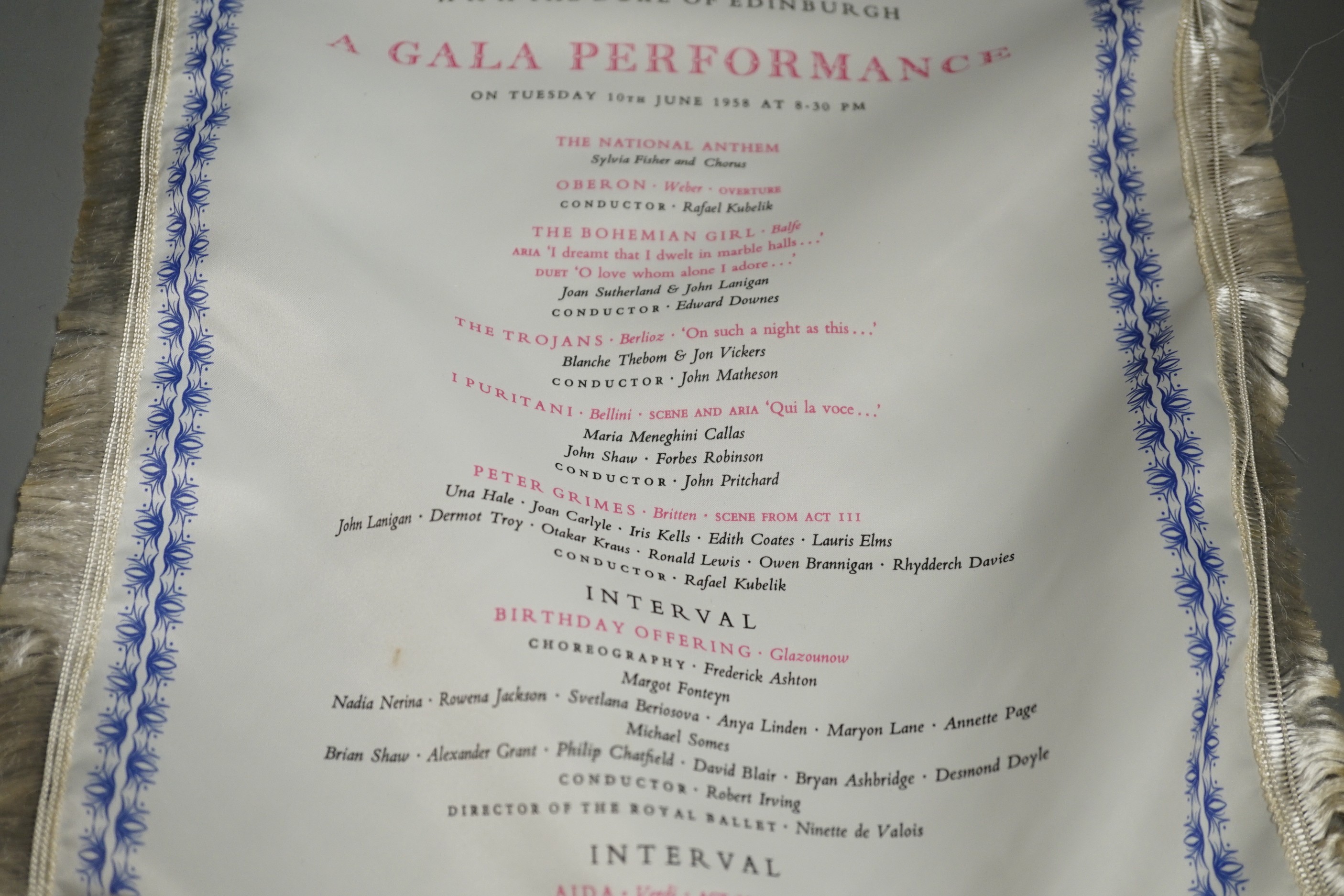 A silk programme for the Royal Opera House Gala performance in the presence of HM The Queen and HRH The Duke of Edinburgh, 10th June 1958 and with original cylinder case